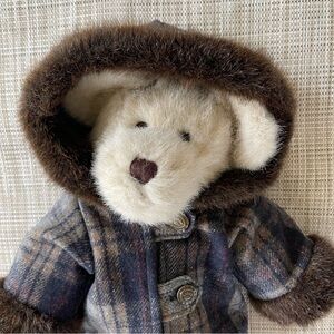 Boyds Bears Cream Plush Bear in Plaid Hooded Coat with Brown Trim